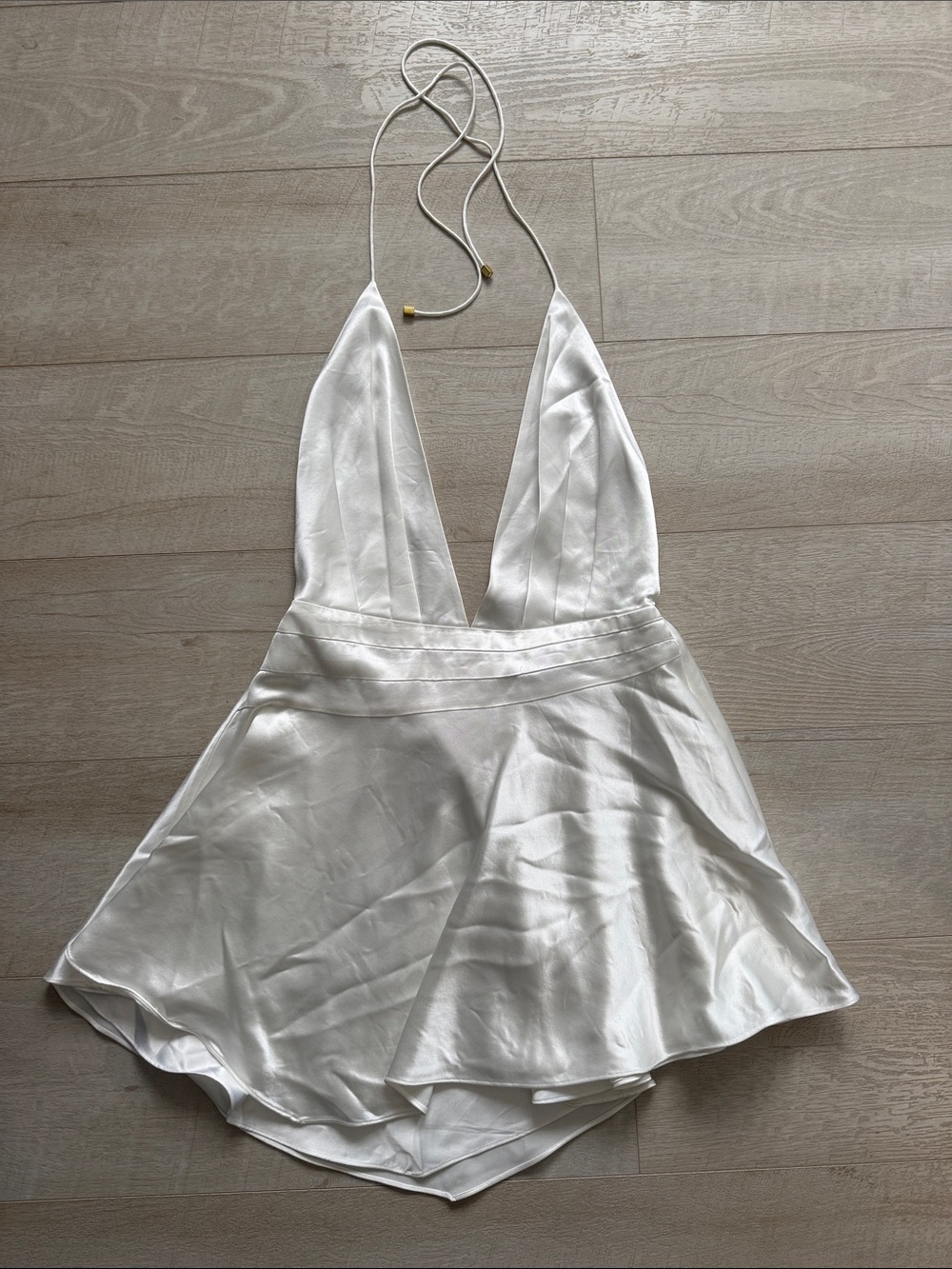 Retrofete White Satin Plunge Halter Mini Dress